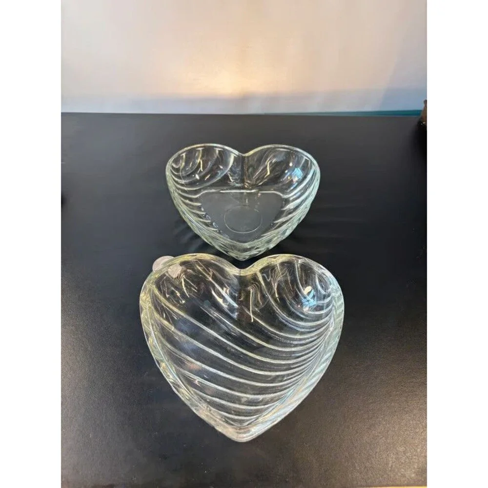 Pressed Glass Heart Bowls Pair Swirled Ribbed Clear Candy Dishes 5 in